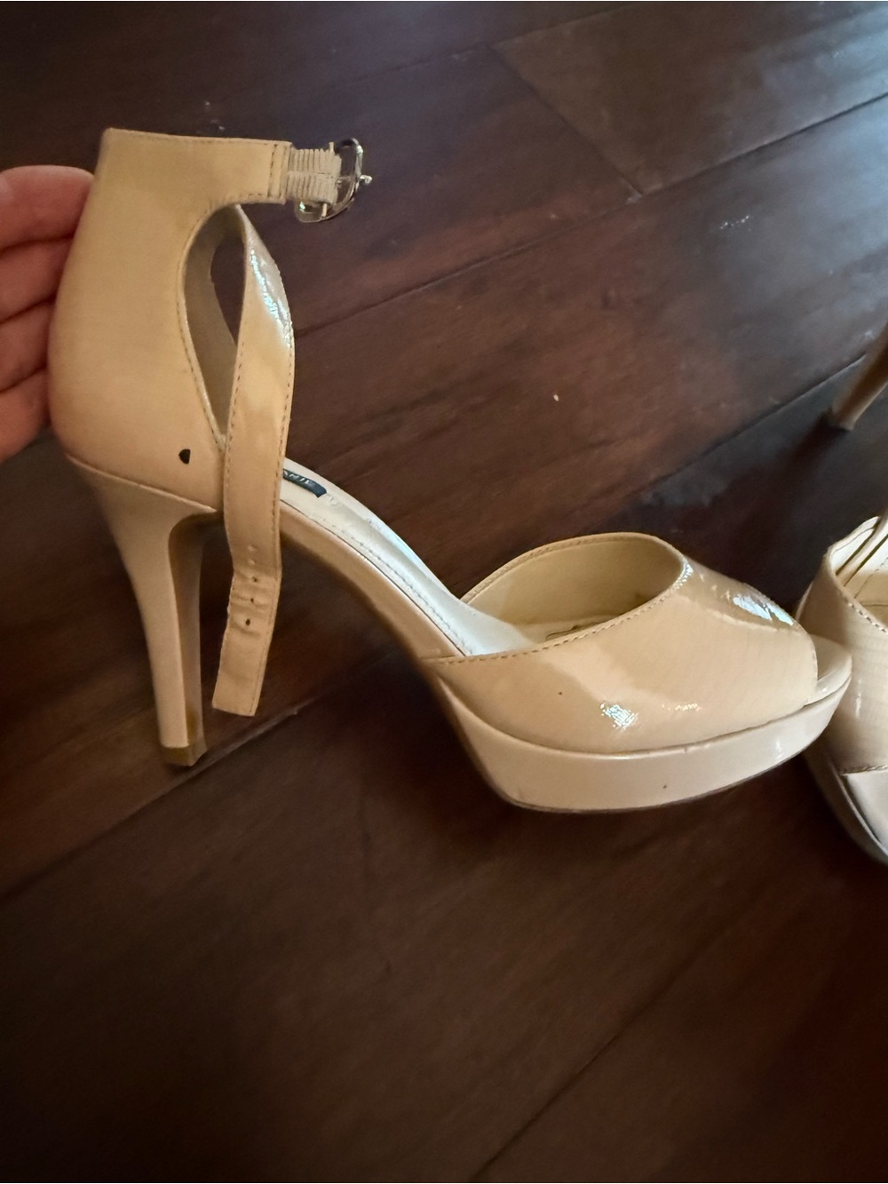 Alex Marie Nude Patent Peep-Toe Platform Ankle-Strap Heels